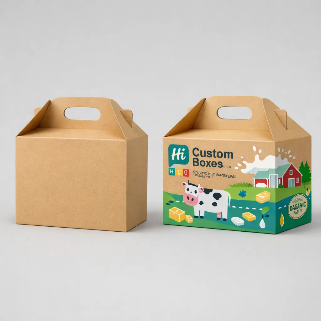 Two gable-top carrier boxes with handles, one plain white and one printed with dairy farm illustrations. class=
